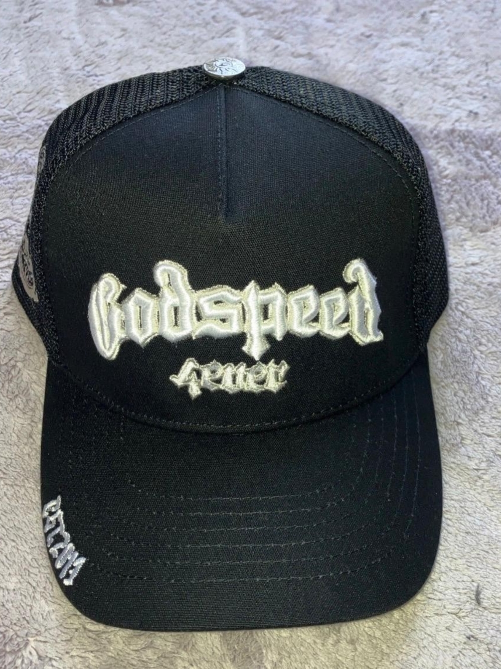 Godspeed Embroidered Trucker Hat in Black and White